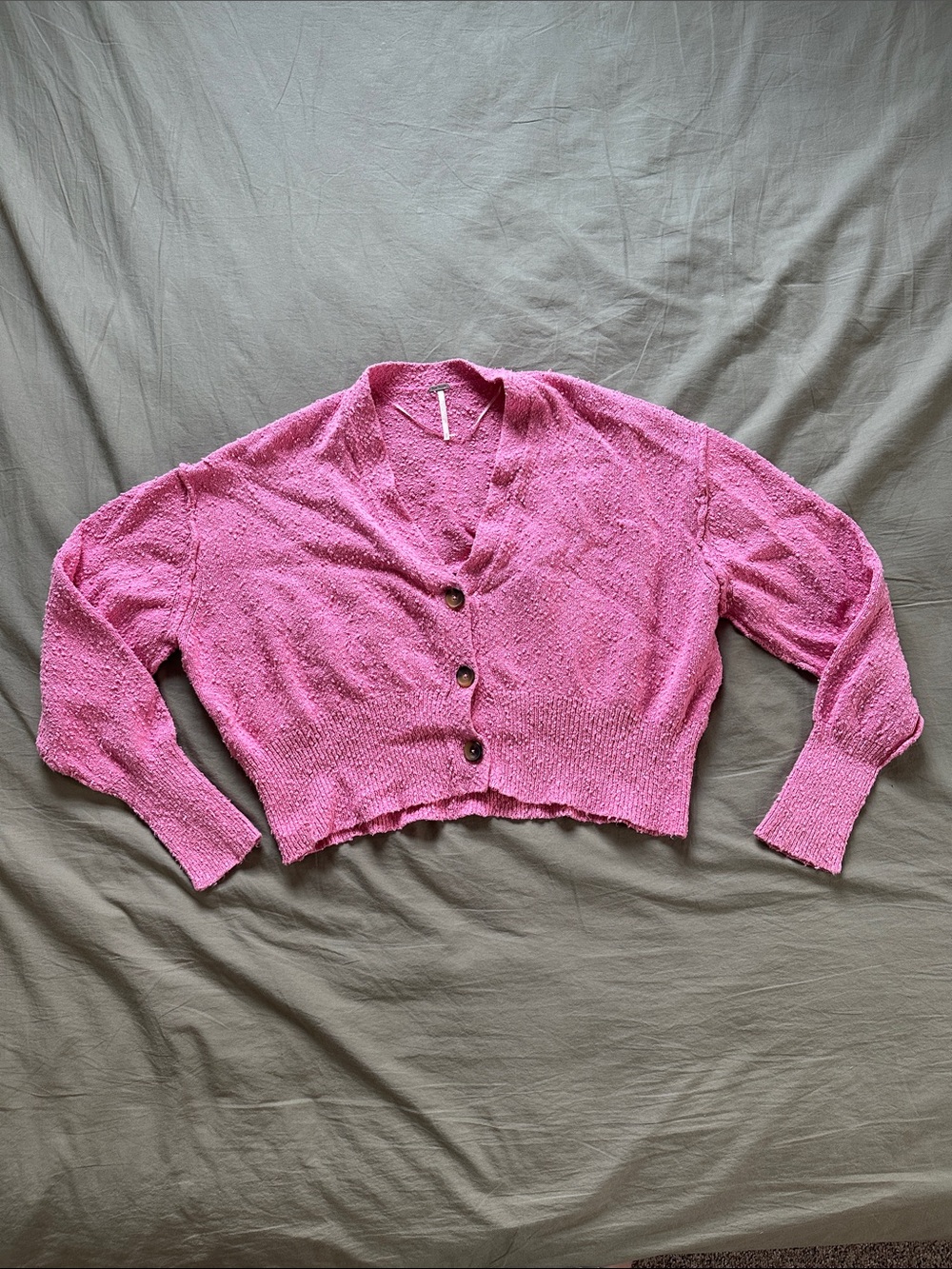 Free People Found My Friend Bright Pink V-Neck Button Crop Cardigan